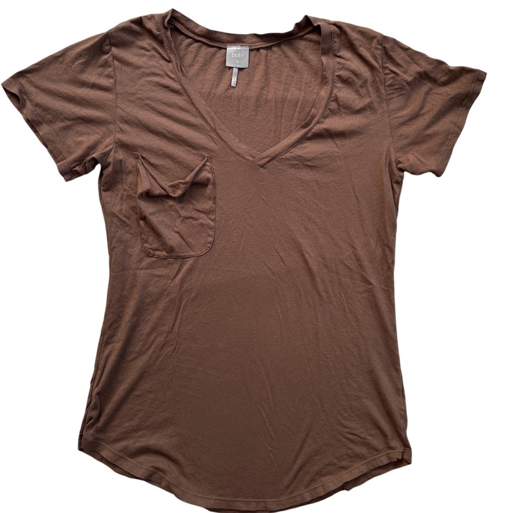 Bobi V-Neck Pocket Tee Women M Brown Excellent 100% Cotton Short Sleeve Shirt